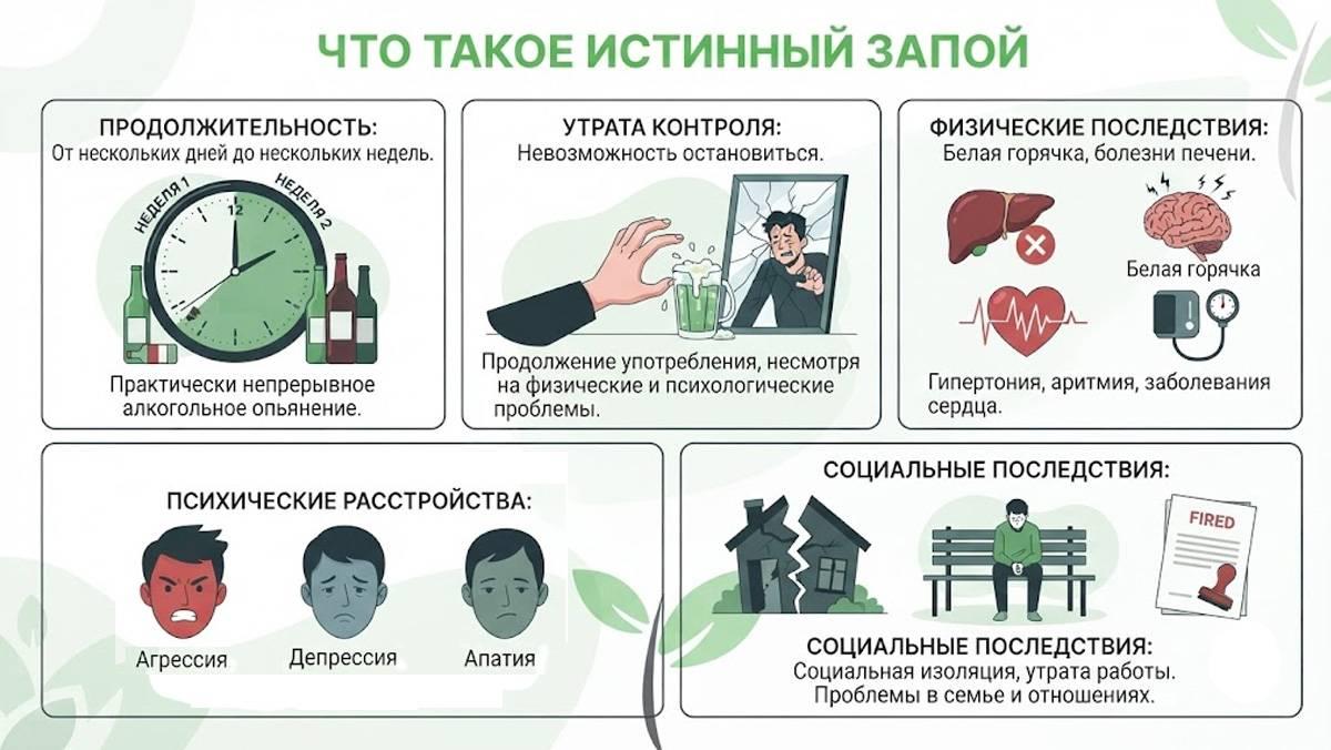 Инфографика: что такое истинный запой, его продолжительность, симптомы утраты контроля, физические и психические последствия, абстиненция и социальные проблемы.