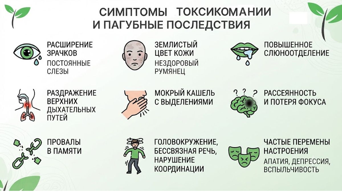 Инфографика с перечислением симптомов токсикомании.
