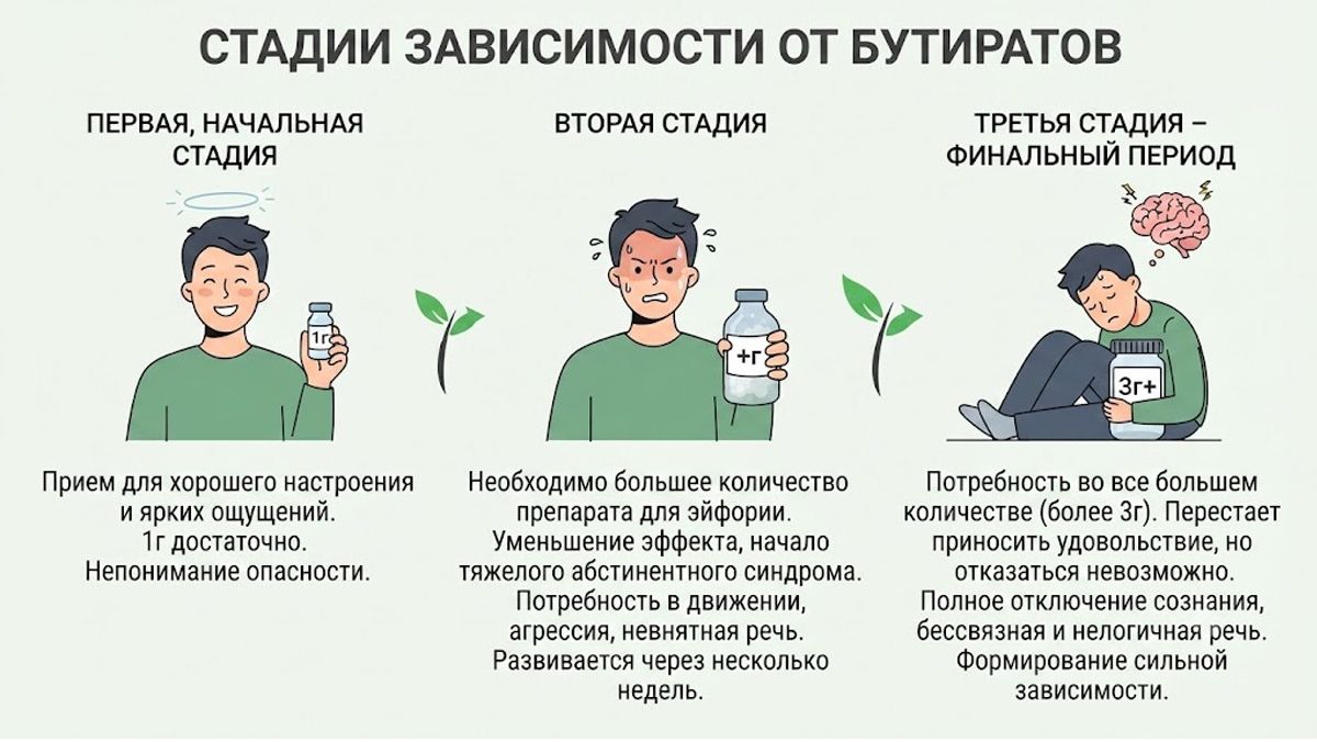 Инфографика, отображающая три стадии зависимости от бутиратов.